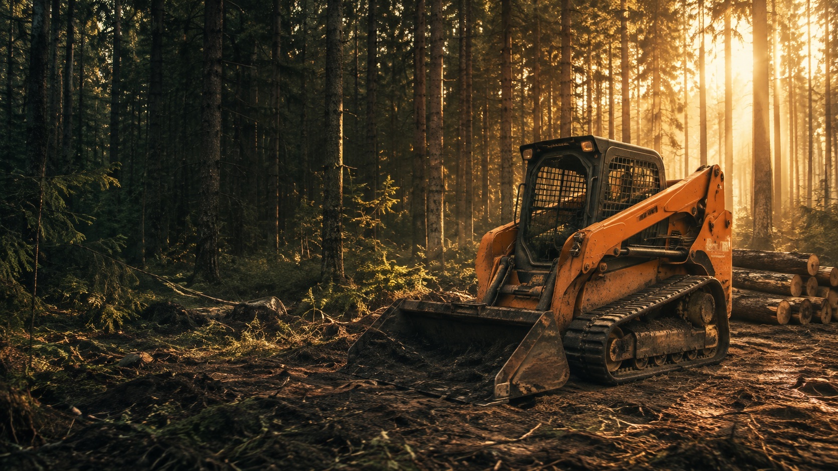 Concept illustration of a compact loader in a pine forest at sunrise